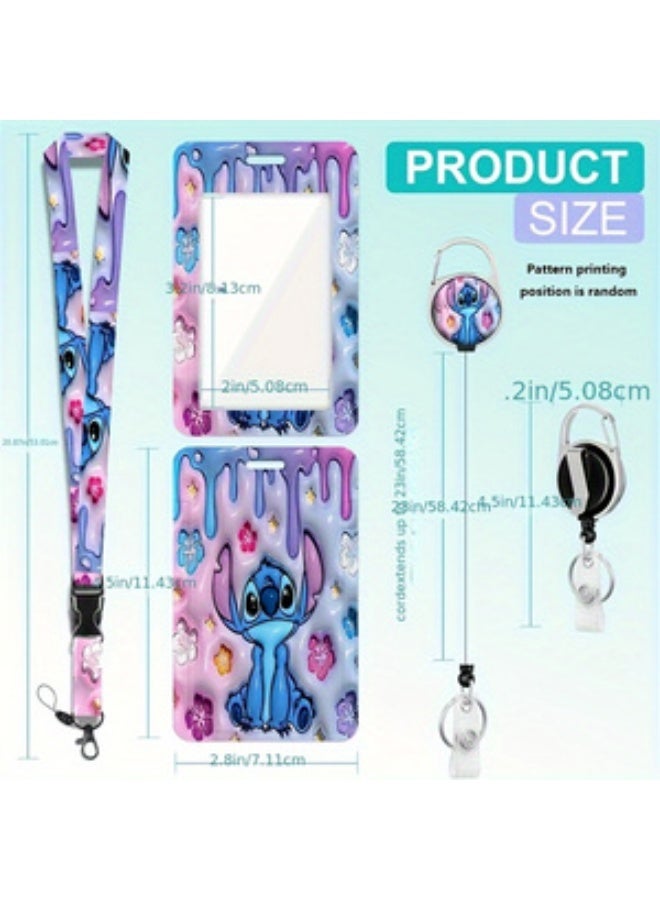 Disney Three-in-one Disney blue flower Stitch logo plastic ID holder with lanyard, retractable ID roll, keychain and extension chain - suitable for workers, students, bus drivers, doctors, nurses, etc. - Image 5